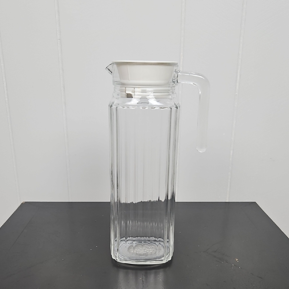 Vintage Arc France Square Clear Glass Pitcher with A White Lid
